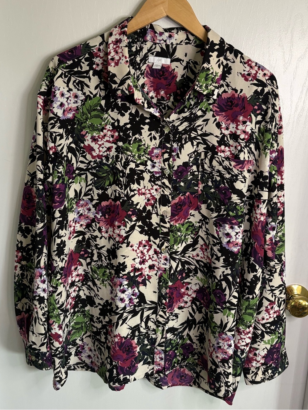 J. Jill Cream Button-Down Floral Shirt with Purple & Green